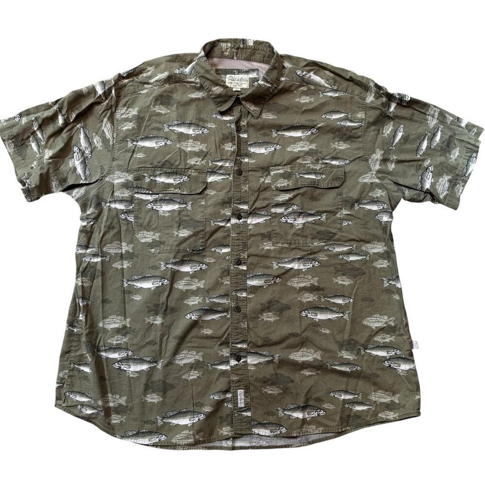 Cabela's Green All Over Fish Print S/S Button Down Dad Core Shirt XXL Cotton